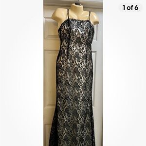 Vintage 80’s Black Lace & White Underlay Maxi Dress Evening Gown Party S 2